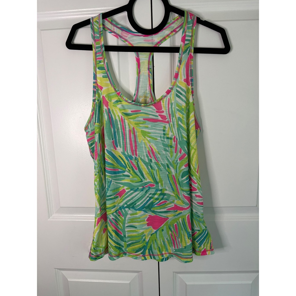 Lilly Pulitzer Luxletic Racerback Tank Top Tropical Storm Green Pink Palm Large
